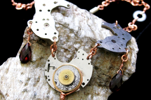 Copper, Garnet, and watch part Steampunk and Barrelweave chainmaille necklace