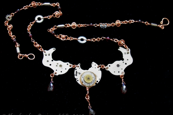 Copper, Garnet, and watch part Steampunk and Barrelweave chainmaille necklace