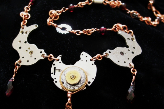 Copper, Garnet, and watch part Steampunk and Barrelweave chainmaille necklace