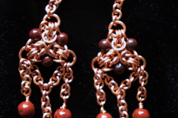 Copper, red Jasper, and Brecciated Jasper Byzantine triangle earrings