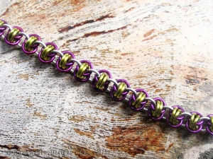 Sterling  silver, lime green, and purple Barrelweave chainmaille bracelet