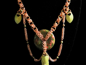 Copper and Unakite chainmaille statement necklace - Handmaden Designs LLC