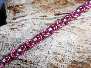 Sterling silver, hot pink, and lime green Byzantine chainmaille bracelet