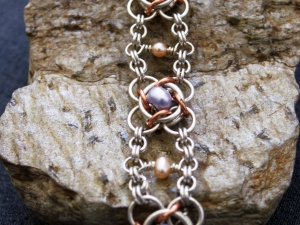 Sterling silver, copper, and freshwater pearl Not Tao 4 bracelet