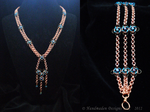 Copper, enameled copper, and freshwater pearl Art Nouveau inspired chainmail set