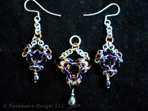 Gothic Noirin - Handmaden Designs LLC Sterling silver, copper, black and lavendar chainmaille pendant/earring set