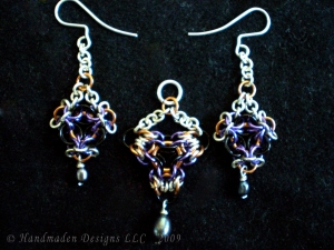 Sterling silver, copper, black and lavendar chainmaille pendant/earring set