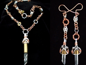Sterling silver, copper, and raw quartz crystal Steampunk set