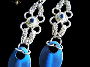 Aella - Handmaden Designs LLC Sterling silver and Kyanite Byzantine chainmaille/silversmithing earrings