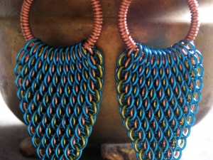 Copper and enameled copper Dragonscale wing earrings by Handmaden Designs LLC