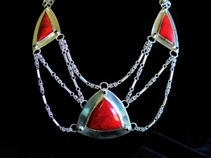 Sterling silver Art Deco Statement Necklace with Red Coral and Black Spinel
