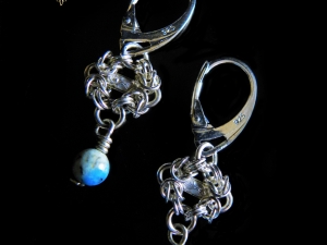 Sterling silver and K2 Granite Romanov chainmaille earrings by Handmaden Designs