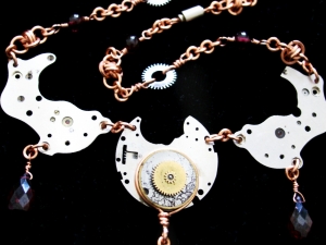 Copper, Garnet, and watch part Steampunk and Barrelweave chainmaille necklace